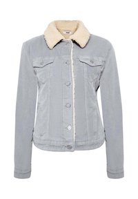 Giacca in corduroy grigio chiaro con colletto in pile beige. Presenta due tasche sul petto, chiusura frontale con bottoni e tessuto texturizzato.