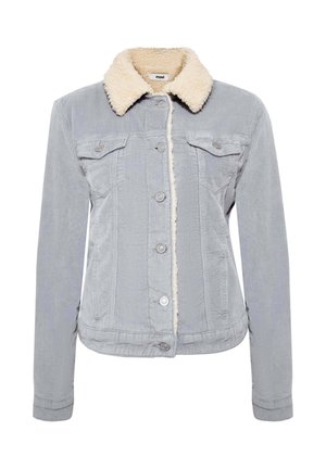 Leichte graue Cordjacke mit beigem Fleecekragen. Sie verfügt über zwei Brusttaschen, eine vordere Knopfleiste und einen strukturierten Stoff.