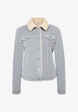 Corduroy jacket in light gray with a beige fleece collar. Features two chest pockets, front button closure, and textured fabric.