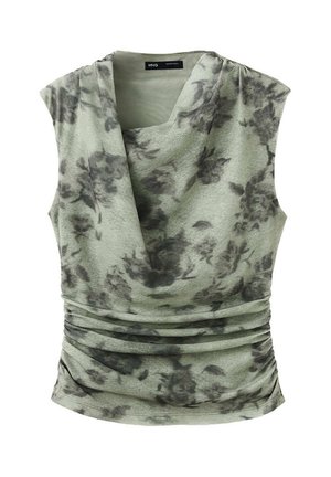 Haut vert sans manches avec motif floral noir, col bénitier drapé et détail de tissu froncé à la taille.