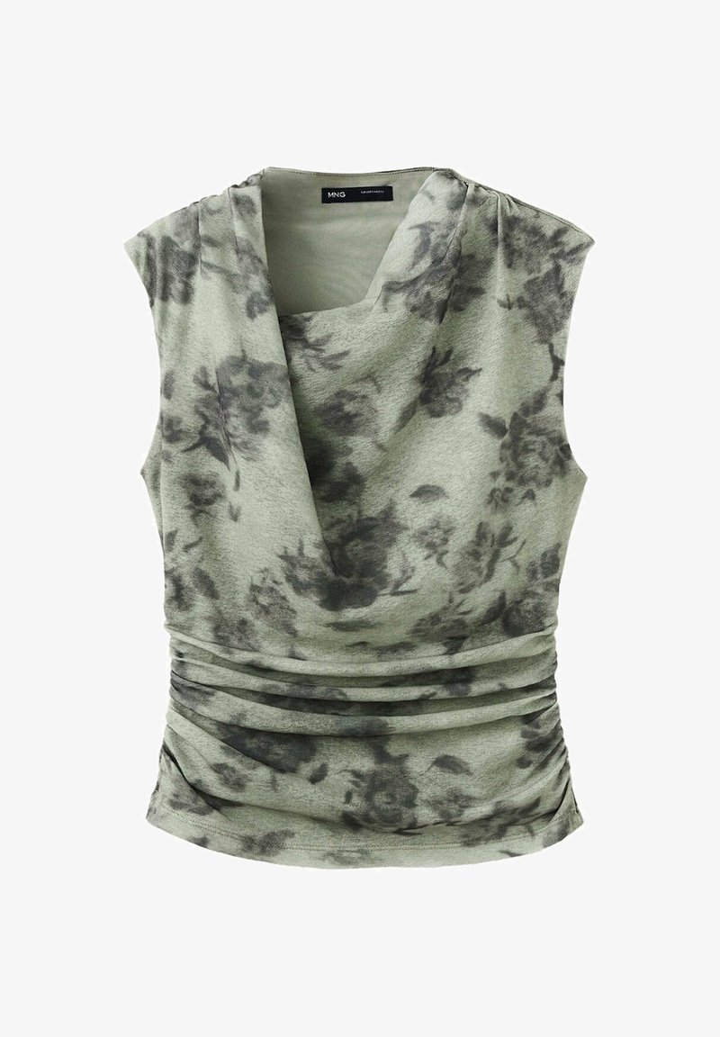 Haut vert sans manches avec motif floral noir, col bénitier drapé et détail de tissu froncé à la taille.
