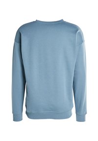 Felpa blu in cotone con collo rotondo, maniche lunghe e polsini e orlo a coste. La texture è liscia con una finitura morbida. Vista posteriore.