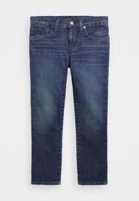Mörkblå jeans i denim med rak bendesign, som har en klassisk femfickorslayout och silverdetaljer.
