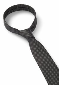 Schwarze gemusterte Krawatte mit Diamantstruktur, glatter Oberfläche und klassischem Design. Sie verfügt über einen traditionellen Knotenstil.