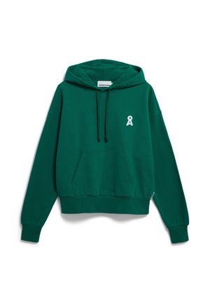 Felpa verde in morbido tessuto con tasca frontale, cappuccio con cordino e un piccolo logo bianco a nastro sul lato sinistro del petto.