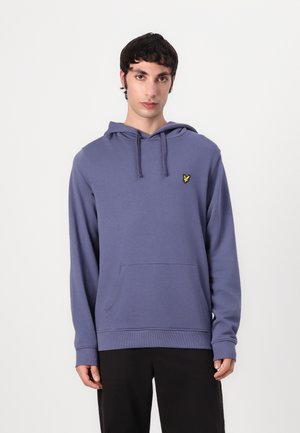 Purple hoodie made of soft fabric, featuring a front pocket, drawstring hood, and a small yellow logo on the left chest.