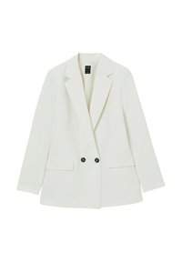 Blazer bianco con una vestibilità strutturata, caratterizzato da un colletto con svolazzo, due tasche frontali e chiusura a doppio bottone nero. Tessuto con una texture liscia.