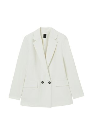 Weißer Blazer mit strukturierter Passform, ausgestattet mit Reverskragen, zwei Vordertaschen und doppelter schwarzer Knopfverschluss. Angenehm glatte Stoffoberfläche.