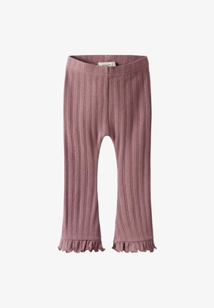 Leggings légers côtelés en mauve doux avec un ourlet évasé et un détail de volants en bas. Taille élastique pour le confort et l'ajustement.