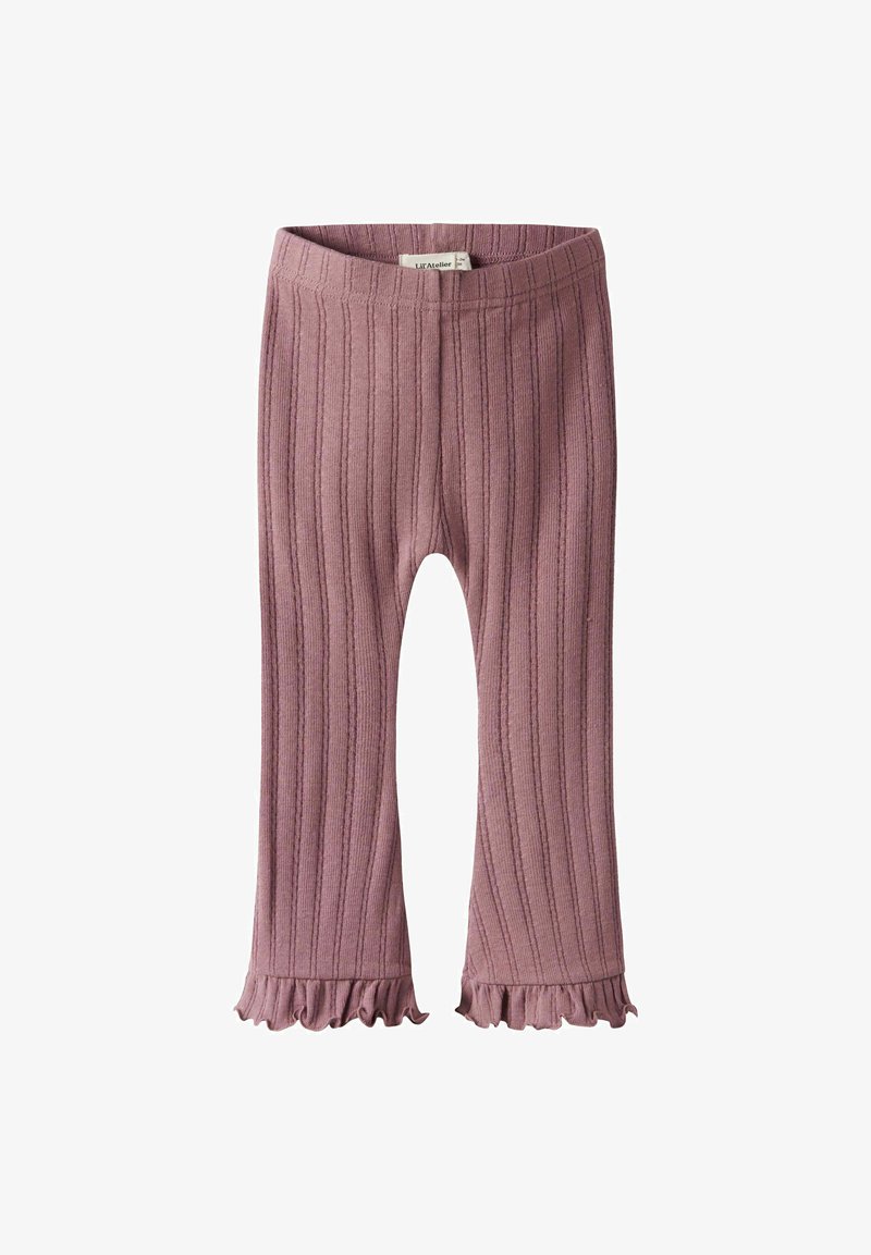Leggings leggeri a coste in morbido mauve con orlo svasato e dettagli a rouches sul fondo. Vita elastica per comfort e vestibilità.
