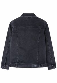 Black denim jacket with a straight cut, buttoned cuffs, and a brand label at the hem. Features subtle stitching and a smooth texture.