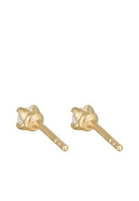 Ohrringe mit goldfarbener Beschichtung und floralem Design, die einen klaren Edelstein in der Mitte und strukturierte, verlängerte Stifte für einen sicheren Halt besitzen.