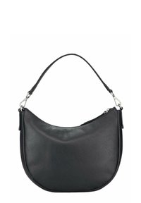 Sac à bandoulière en cuir noir à texture lisse, forme arrondie, et une seule sangle. Dispose d'une fermeture éclair et d'accessoires en métal argenté.