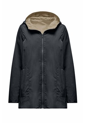 Czarna kurtka z kapturem, beżową podszewką, zamkiem z przodu i bocznymi kieszeniami, przedstawiona na białym tle.