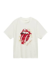 Biela bavlnená tričko s červeným logom Rolling Stones s jazykom, obklopené malými kvetinovými akcentmi a zlatým textom.