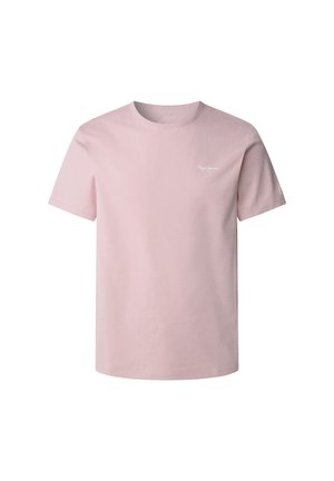 Lichtroze katoenen t-shirt met een ronde hals, korte mouwen en een klein wit logo op de linkerborst. Gladde textuur, reguliere pasvorm.