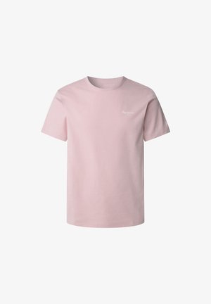 Gaiši rozā kokvilnas t-krekls ar apļveida kakla izgriezumu, īsām piedurknēm un mazu baltu logotipu kreisajā krūtī. Gluda tekstūra, standarta piegriezums.