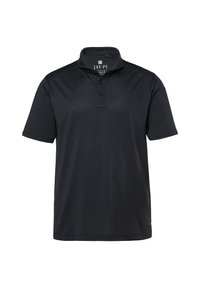 Polo shirt nera realizzata in tessuto morbido, con patta decorata da bottoni e colletto alto. Maniche corte e vestibilità rilassata.