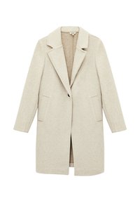 Cappotto di lana beige con bavero a punta, due tasche frontali, maniche lunghe e design aperto. Texture morbida e stile minimalista.