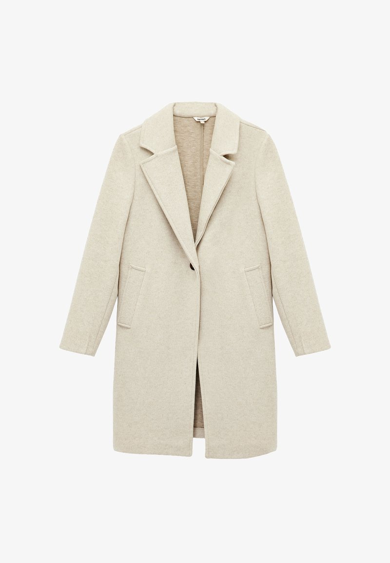 Cappotto di lana beige con bavero a punta, due tasche frontali, maniche lunghe e design aperto. Texture morbida e stile minimalista.