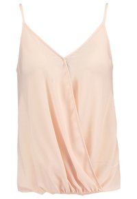Hedvábný krémový top na ramínka, s tenkými špagetovými ramínky, V-výstřihem a nabraným dole, volného střihu, s hladkým a jemným povrchem.