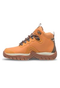 Orange Wanderstiefel mit einem strukturierten Lederoberteil, braunen Akzenten, verstärkter Zehenkappe und einer Gummisohle mit einem wellenförmigen Profil.