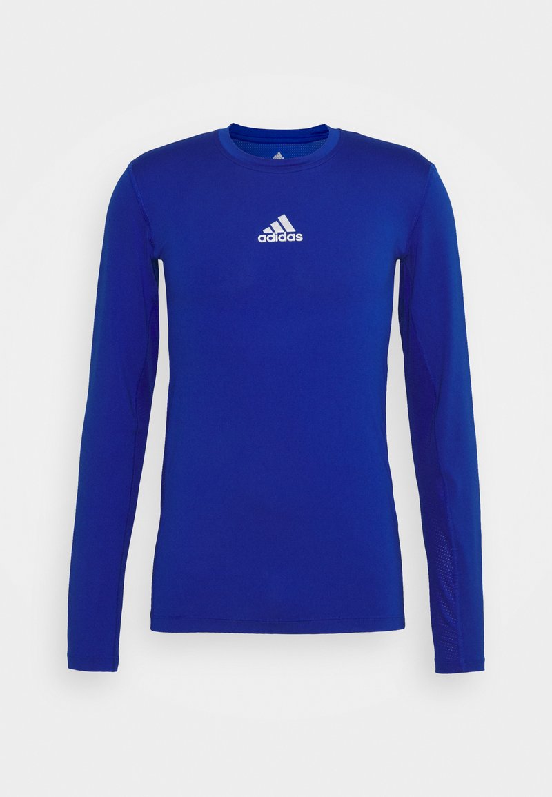 Blauwe sportshirt met lange mouwen van gladde stof, met een ronde hals en het witte Adidas-logo op de borst. Mesh-accenten op de mouwen.