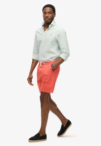 Chemise à col rayée vert clair, shorts corail avec cordon de serrage et chaussures noires à enfiler avec une semelle en fibres naturelles. Design ajusté.