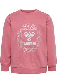 Rosa Sweatshirt aus weichem Material, mit Rundhalsausschnitt, langen Ärmeln und einem zentralen weißen Logodesign mit dekorativen Akzenten.