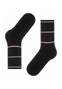 Schwarze, gerippte Socken mit roten und weißen horizontalen Streifen, die eine weiche Textur und ein gestricktes Design aufweisen, geeignet für Freizeitkleidung.