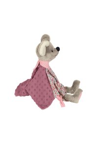 Plüschmaus in Grau mit schlappen Ohren; gekleidet in einen Blumenstoff und eine pinkfarbene, strukturierte Decke mit Punkten; weiches und kuscheliges Design.