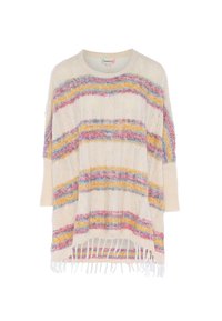 Szydełkowany ponczo w odcieniu off-white, ozdobione poziomymi paskami w kolorze różowym, niebieskim i żółtym. Wykończone frędzlami i luźnym, otwartym krojem.