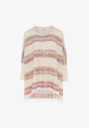 Poncho lavorato a maglia con base bianco sporco, caratterizzato da righe orizzontali in rosa, blu e giallo. Rifinito con orlo frangiato e design ampio e aperto.