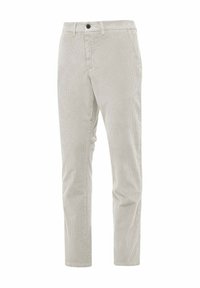 Pantaloni in corduroy grigi chiari con design a gamba dritta, dotati di tasche frontali e chiusura con un singolo bottone. Texture morbida con motivo a coste.