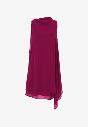 Magenta mouwloze blouse met een hoge halslijn, vloeiende ontwerp en asymmetrische zoom. Gemaakt van lichtgewicht, gladde stof.