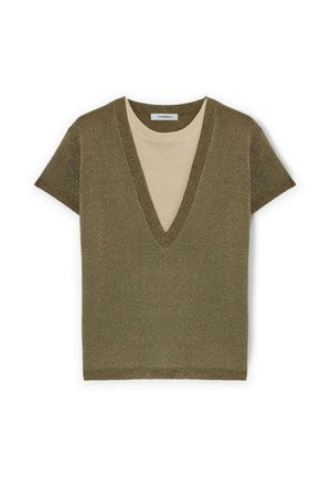 Top scurt de culoare verde măslinie, cu decolteu adânc în V și strat interior bej contrastant. Textură moale cu un finisaj ușor strălucitor.