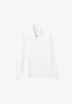 Weißes Langarm-Poloshirt mit umgelegtem Kragen und einem kurzen schwarzen Reißverschluss am Halsausschnitt.