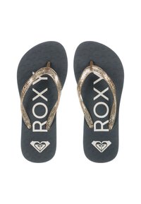 Tongs Roxy avec une semelle en caoutchouc gris foncé, des sangles en paillettes dorées métalliques et un logo blanc. Semelle intérieure texturée avec des motifs circulaires.
