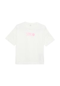 Witte katoenen t-shirt met korte mouwen. Bevat roze tekst "OPTIMISTISCH IS DE NIEUWE COOLE" en een bloemenafbeelding.