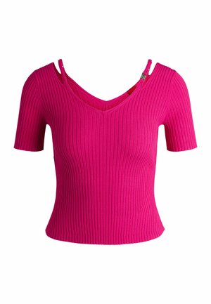 Lyhythihainen toppi, joka on muotoiltu ja valmistettu kirkkaasta vaaleanpunaisesta ribbikankaasta. Siinä on syvä V-pääntie ja ainutlaatuinen hihnasuunnittelu olkapäillä. Sileä tekstuuri.