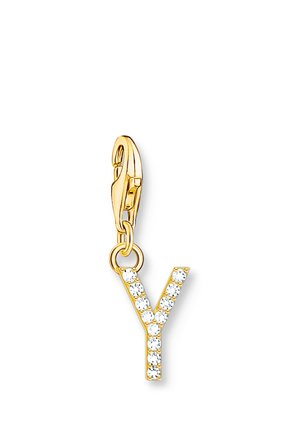 Goldfarbener Buchstabe Y Anhänger mit klaren Strasssteinen und einem Karabinerverschluss zum Befestigen an Schmuck oder Accessoires.