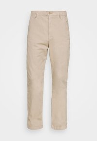 Beige cotton trousers with a straight leg design, featuring a front button closure and side pockets. Smooth texture and clean finish.