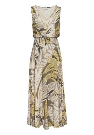Robe longue sans manches avec taille élastique, imprimé de feuilles tropicales beige, olive et jaune, décolleté en V.