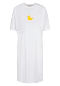 Weißes Baumwoll-T-Shirt-Kleid mit kurzen Ärmeln, das ein gelbes Gummiente-Graphic auf der Brust zeigt. Runder Halsausschnitt, lockerer Sitz, knielang.