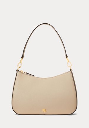 Beežist nahast käekott kuldse tooni tõmbluku ja logoga, mustade servadega ning ühe reguleeritava õlakandega kuldsete kinnistega.