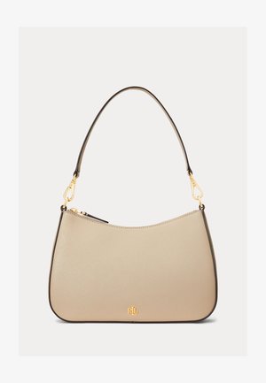 Beežist nahast käekott kuldse tooni tõmbluku ja logoga, mustade servadega ning ühe reguleeritava õlakandega kuldsete kinnistega.