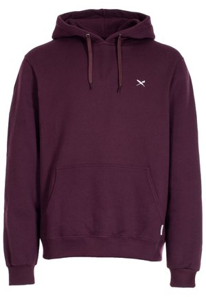 Bordeauxroter Kapuzenpullover aus weichem Material, mit einer Kängurutasche, gerippten Bündchen und einem kleinen weißen Logo auf der Brust.