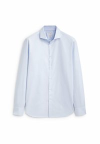 Lichtblauwe long sleeve shirt van zachte stof, met een puntige kraag, knopen aan de voorkant en een ronde onderrand.