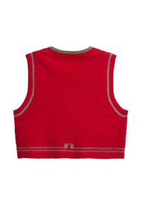 Czerwony top bez rękawów, o dzianinowej teksturze, okrągły dekolt, prążkowany dół z kontrastującymi jasnoszarymi akcentami. Bez zapięć ani dodatkowych elementów.