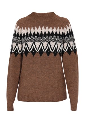 Bruine gebreide trui met een geometrisch patroon in zwart, wit en beige over de borst, voorzien van lange mouwen en een ronde halslijn.
